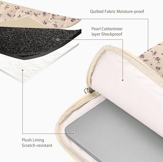 Puffy Laptop Sleeve Case Cute Computer Bag Flower Printed Quilted Laptop Carrying Cases Floral Pattern Protective Cover