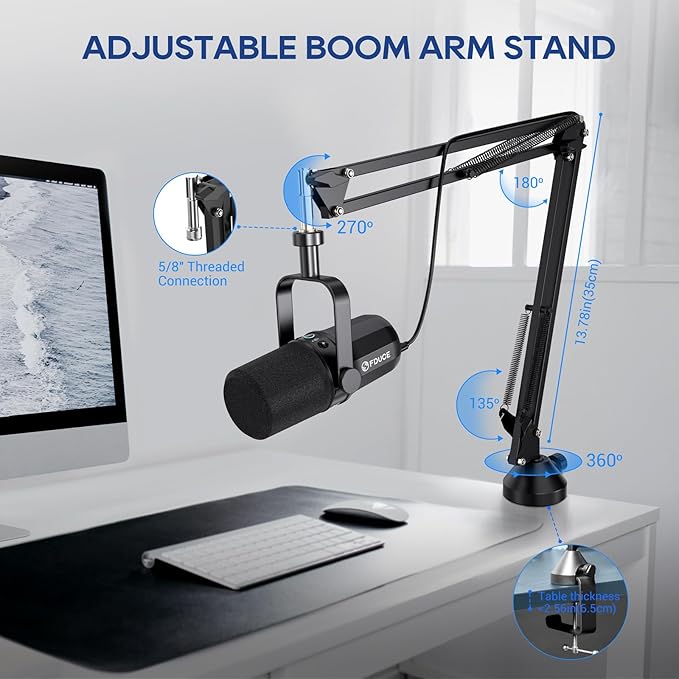 FDUCE Dynamic Microphone, XLR/USB Podcast Recording PC Microphone for Vocal Voice-Over Streaming, Studio Metal Mic with Mute, Headphone Jack, Monitoring Volume Control, with Boom Arm (SL40+)