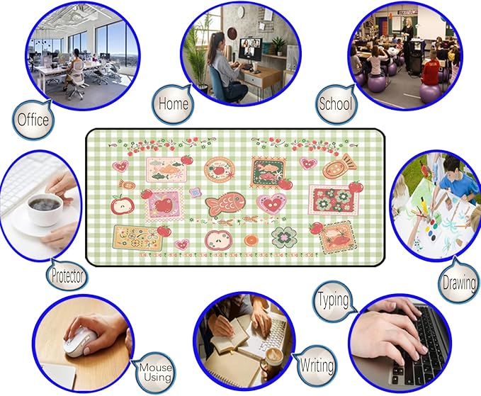 Mouse Pad Cute, Green White Checkered Desk Pad, Retro Gaming Desk Mats, Large Mousepad Laptop Keyboard Mouse Mat, Funny Food Girls Office Desktop Decor Accessories, for Women 31.5"X15.7"