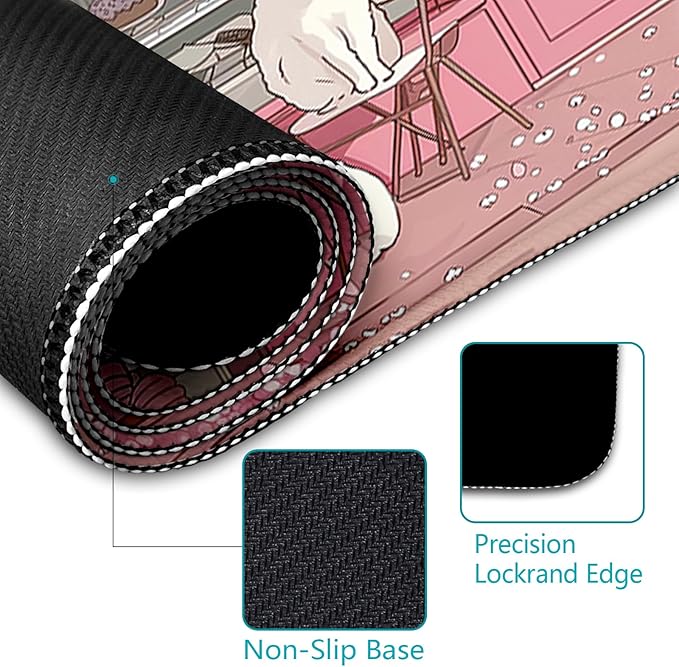 Cat Mouse Pad Large Desk Mat, Pink Cherry Blossom Computer Mousepad with Stitched Edges Non-Slip, Keyboard Mouse Pad for Desktop Cute Office Desk Accessories Japanese Dessert House 31.5in