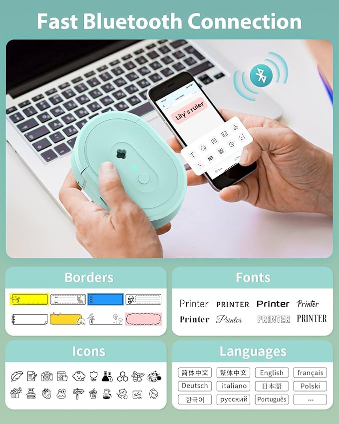 Mini Label Maker Machine with Tape, N12 Portable Thermal Printer, Bluetooth Label Maker, Sticker Printer with Multiple Templates for Small Business, Kitchen, School, Office Organization (Black)