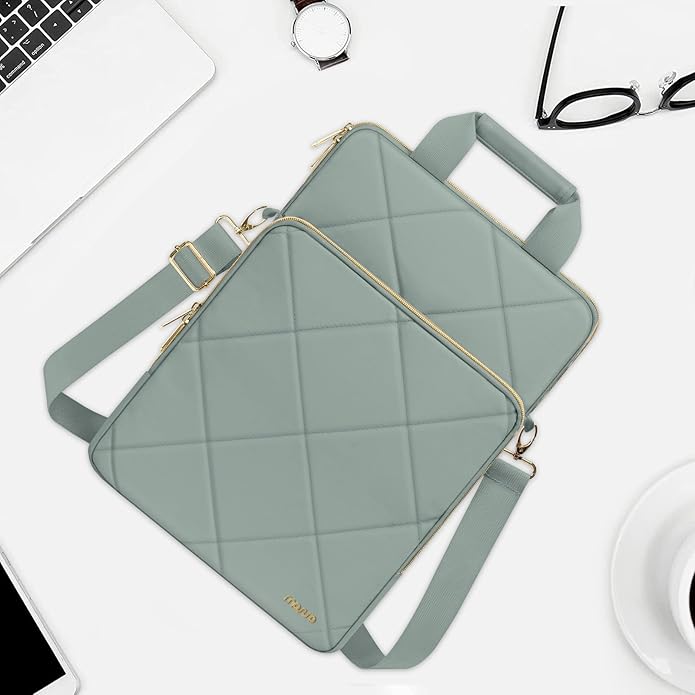 MOSISO Vertical Laptop Shoulder Bag,Computer Bag,Rhombus Quilted Messenger Bag with Front Pocket&Handle&Belt