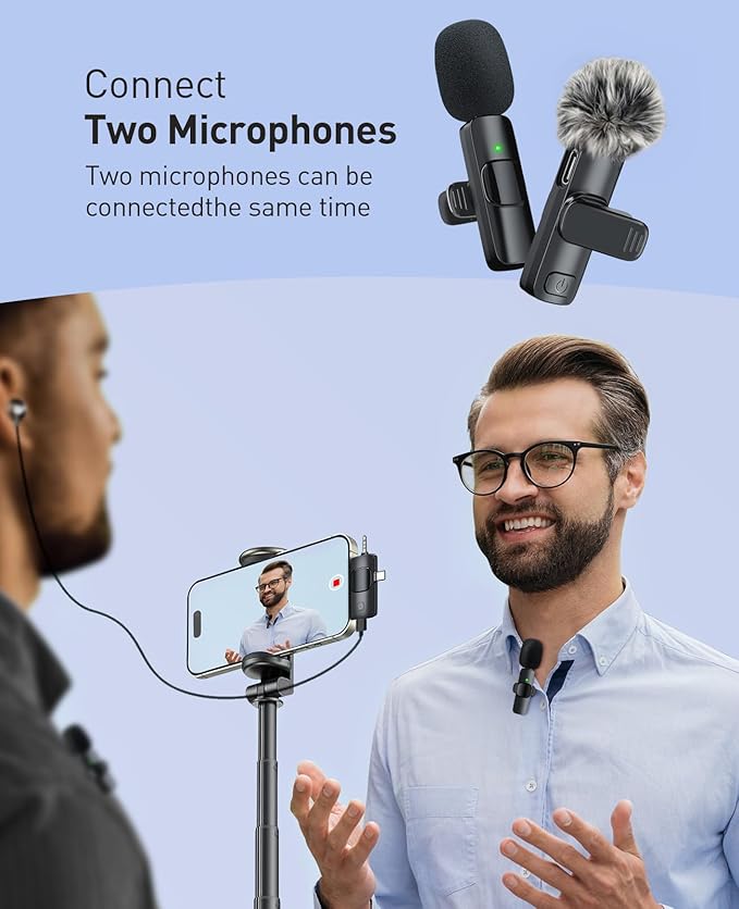 3-in-1 Mini Microphone for iPhone: Wireless Lavalier Microphone with 80ft Range & 15H Battery - Noise Reduction Lapel Mic, Real-Time Monitoring for Video Recording, Vlog, Bright Black