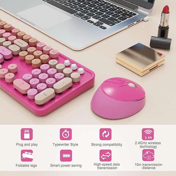 Wireless Keyboard and Mouse Combo, Ergonomic Full Size Typewriter Retro Round Keycaps Keyboard, Compatible with Windows, PC, Perfer for Home and Office Keyboards （Red）