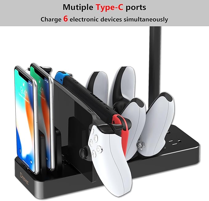 Drevet Charging Station for Multiple Devices, 6 Port USB C Fast Charger Station with 2 AC Outlets and Headset Stand, USB Charging Dock Compatible with Cellphone, Tablet, Kindle, iPhone, iPad and More