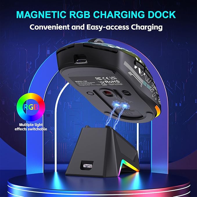 Wireless Gaming Mouse RGB Light, 3 Mode Wired 2.4G BT5.3 12000 DPI 7 Programmable Buttons, Magnetic Charging Dock for PC Laptop Gaming (Black)