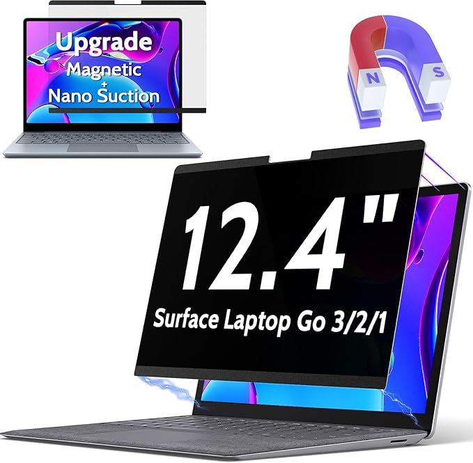 Peslv Magnetic Privacy Screen for Surface Laptop Go 3/2/1 12.4 Inch, Removable Anti Blue Light Glare Filter, Black Security Private Apy Block Protector