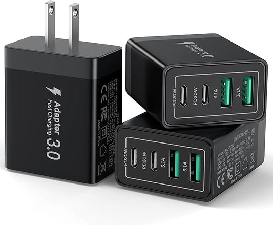 USB C Charger Block, 40W 4-Port Fast Charger 20W Type C Charging Block 3.1A USB Wall Charger Dual Port PD+QC Charging Cube for iPhone 16 15 14 13 12 Pro Max XS, iPad, Samsung Phone (Black 3Pack)