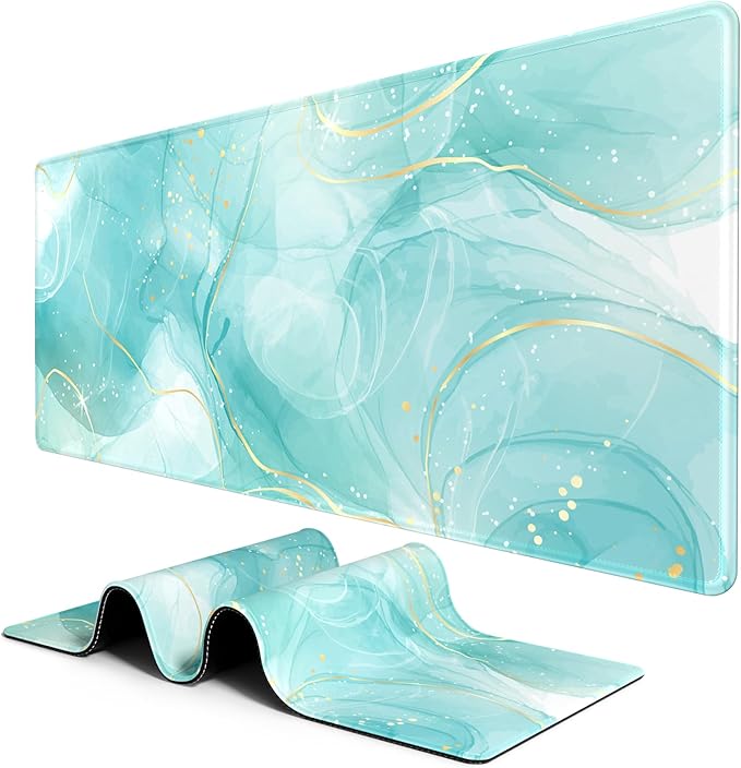 BOSOBO Desk Pad, XXL Gaming Mouse Mat, Desktop Full Cover, Art Gold Teal Marble