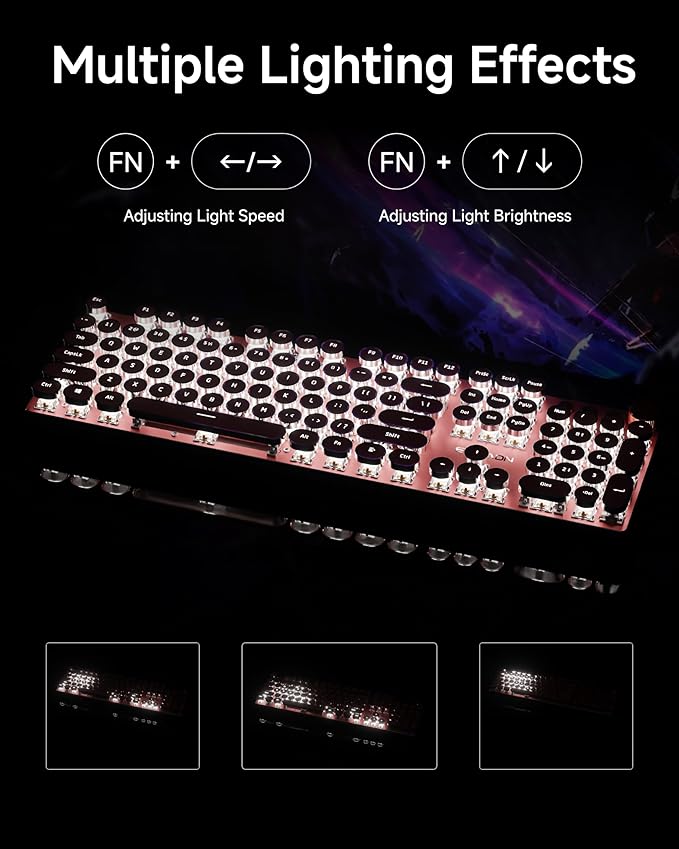 EWEADN V20 Typewriter Keyboard Wireless,104 Keys Typewriter Style Mechanical with White Backlit, Media Knob, White Switch 2.4G/Bluetooth/USB-C Retro Full Size Keyboard for Windows/Mac/PC-Dark Pink