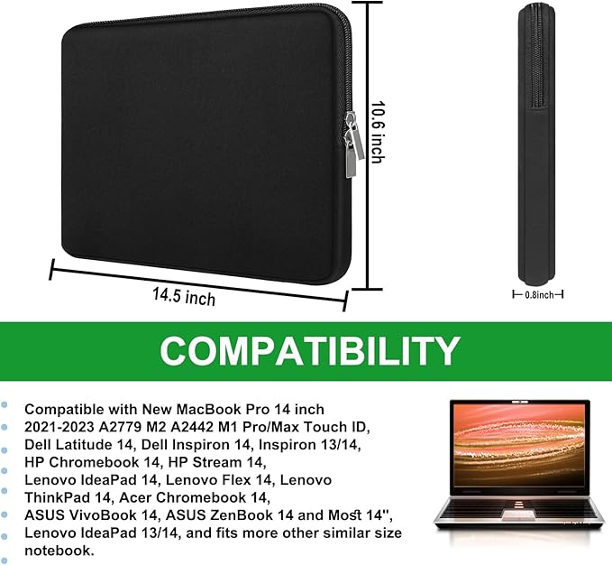 14 inch Laptop Case Bag, Protective Briefcase Carrying Computer Cover, Traveling Portable Laptop Sleeve Compatible with 13" 14" MacBook Air/Pro, HP, Dell, Asus, Lenovo, Black