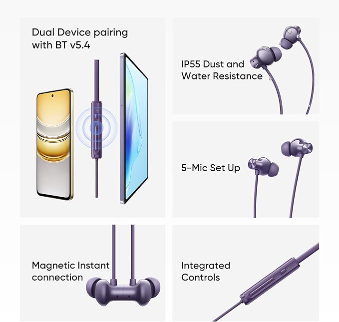 realme Buds Wireless 5 ANC in Ear Bluetooth Headphones, 50dB ANC, 13.6mm Dynamic Bass Driver, 360° Spatial Audio, 45ms Low Latency, Upto 38hrs Playback, IP55 Rating, Dual Device Connection - (Purple)