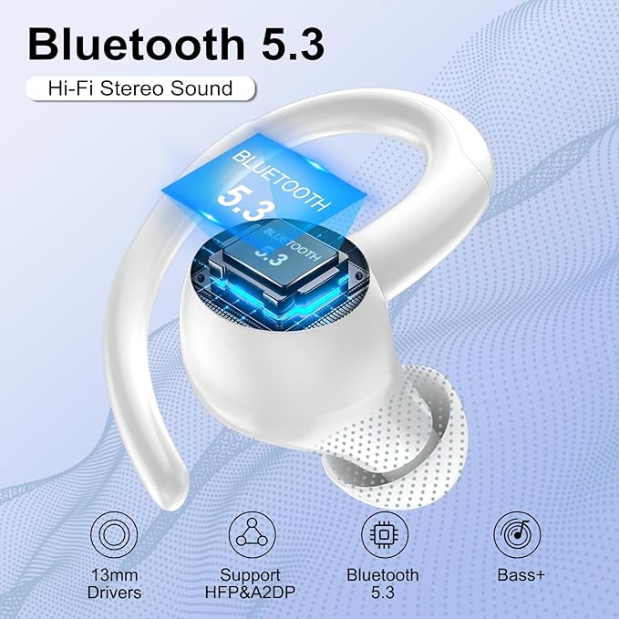 Wireless Earbuds Bluetooth 5.3 Headphones Sports, 48H Over Ear Buds with ENC Mic, Stereo Deep Bass Bluetooth Earbuds with Secure Earhooks, LED Display, IPX7 Waterproof Earphone for Running/Gym White
