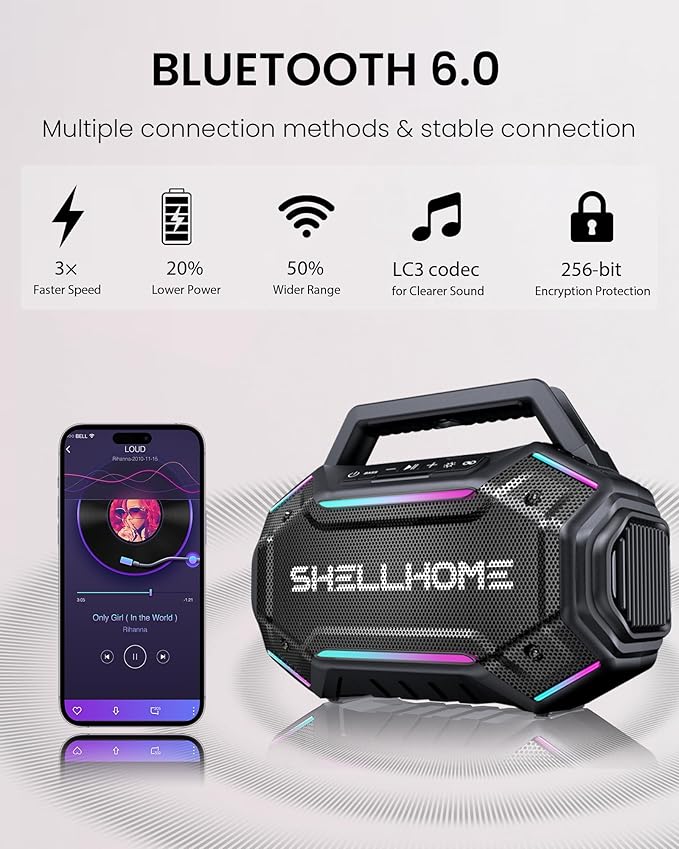 Bluetooth 6.0 Speakers Outdoor, 80W(Peak) Loud Speaker with Bass, 30H Playtime, IPX6 Waterproof, RGB Lights, BassUp 2.0, TWS, Portable Large Jobsite Speakers for Party, Garage