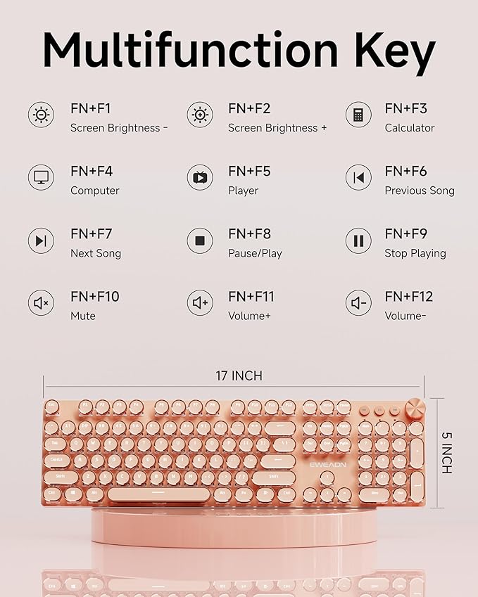 EWEADN V20 Typewriter Keyboard Wireless, 104 Keys Typewriter Style Mechanical with White Backlit, Media Knob, Pink Switch 2.4G/Bluetooth/USB-C Wired Retro Full Size Keyboard for Windows/Mac/PC-Pink