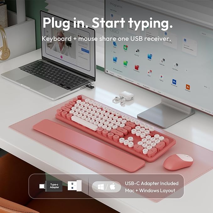 Wireless Keyboard and Mouse Combo, Typewriter Keyboard with Magnetic Wrist Rest, Full-Size Cute Round Keycaps, Sleep Mode, 2.4G Keyboards for Mac/Windows/PC, Office or Home, Trueque CK23Pro