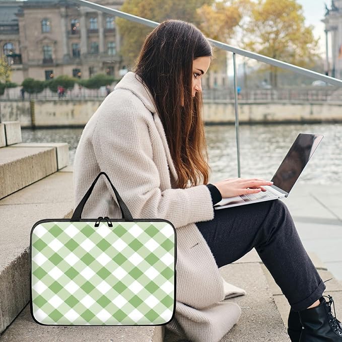 Laptop Sleeve Case Bag 13 inch, Green and White Checkered Slim Carrying Case Handbag Travel Laptop Bag for 13 inch MacBook Air M3/M2/Pro M2/ 13" iPad Pro/Air M4/M2 2024