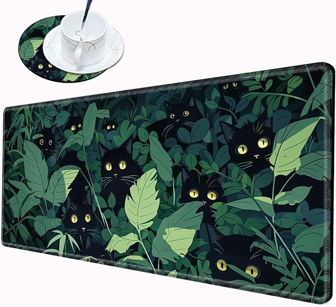 Grass Black Cat Mouse Pad Gaming Desk Mat 24x12 Mousepad XL Desk Pad Long Computer Mat Large Mouse Pads for Wireless Mouse Office Work Women