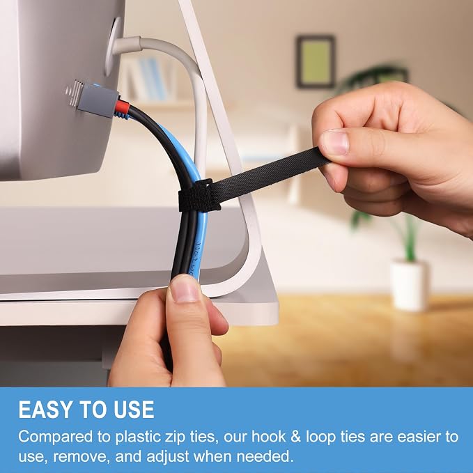 100 PCS 8 Inches Reusable Cable Ties | Adjustable Cord Wraps, Cable Straps | Hook & Loop Cord Organizer, Cable Management | 5 Colors - Image 5