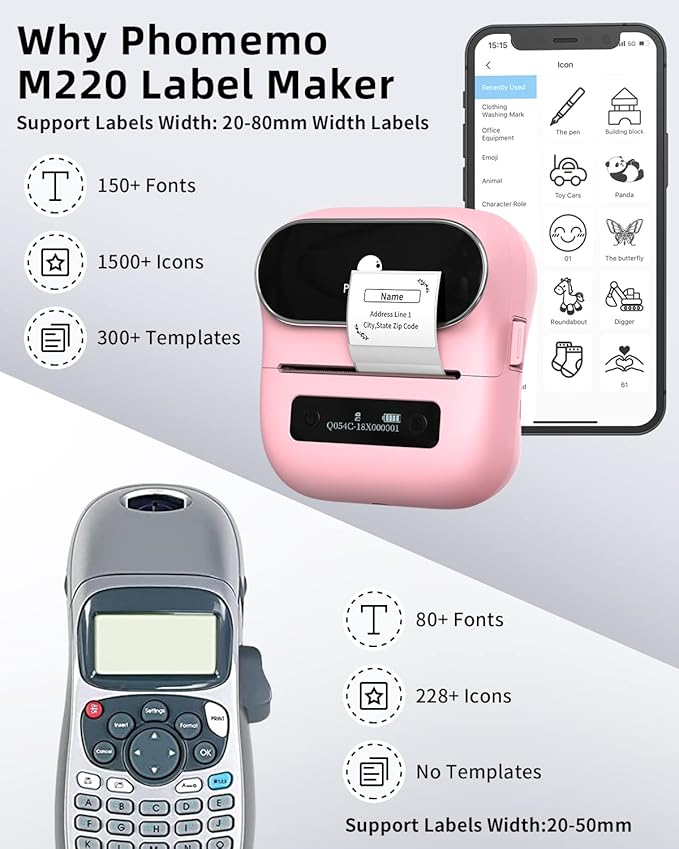 Phomemo M220 Bluetooth Label Maker - Portable Thermal Printer for Small Business Office Home - 700+ Templates 6000+ Icons - Compatible Phone, PC