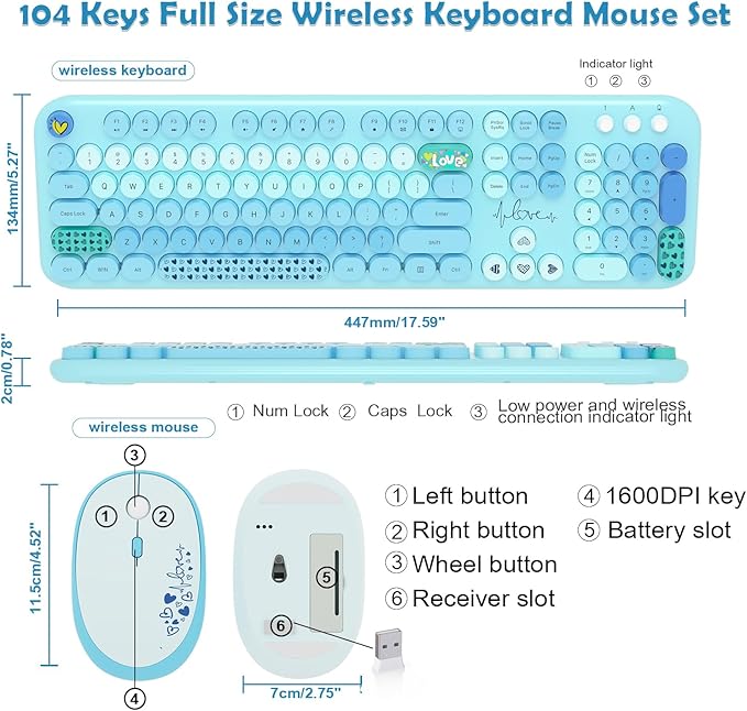 Wireless Keyboard Mouse Combo, MOFII 104 Round Keys Lovely Full-Size Cute Colorful Keyboard and Mouse with Retro Typewriter for PC/Mac/Laptop/Tablet/Computer/Windows Blue