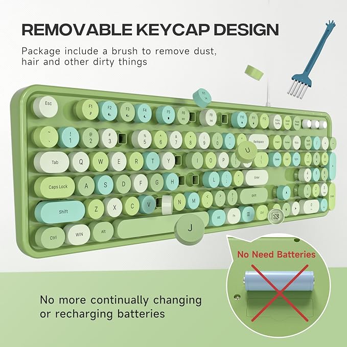 Wired Keyboard, 104 Keys Full-Sized Typewriter Keyboards, USB Plug Play Office Keyboard with Number Pad, Caps Indicators, Foldable Stands for Windows, PC, Laptop, Desktop (Green Colorful)