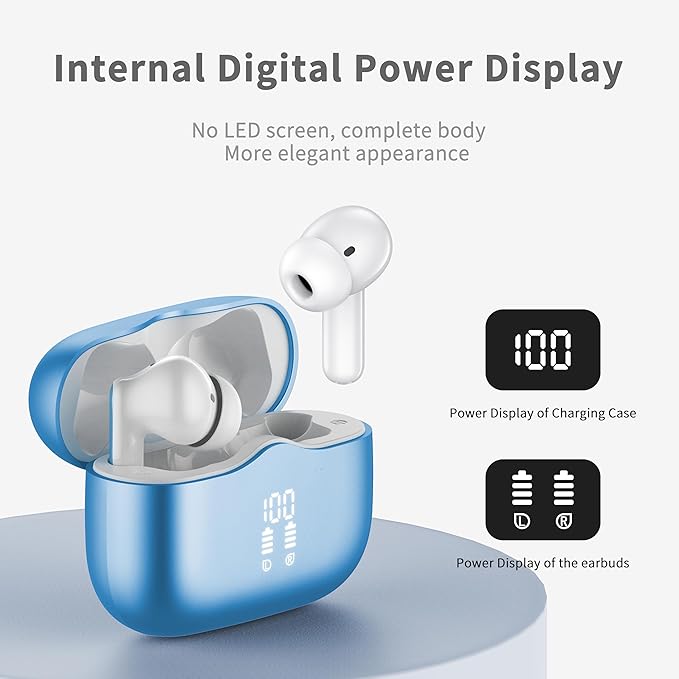 Wireless Earbuds, 2026 Bluetooth 5.4 Ear Buds in Ear with 4 ENC Noise Cancelling Mic, New Wireless Earphones HiFi Stereo Deep Bass 40H Playtime, In-Ear Bluetooth Earbuds LED Display IP7, Lake Blue