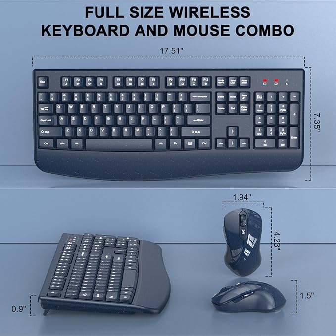 Wireless Keyboard and Mouse Combo, ULSOU 2.4G Full-Sized Ergonomic Computer Keyboard with Wrist Rest and 3 Level DPI Adjustable Wireless Mouse for Windows, Mac OS Desktop/Laptop/PC(Blue)