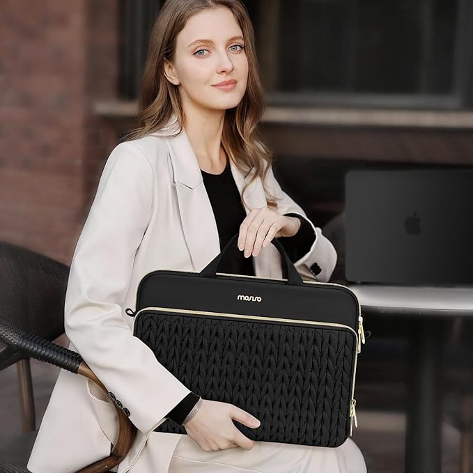 MOSISO 15.6 inch Laptop Shoulder Bag for Women, 15-16 inch Computer Bags Compatible with MacBook Pro 16 inch/Air 15 inch,HP Dell Lenovo ASUS, Wheat Ear Quilted Laptop Bag with Handle&Pocket, Black