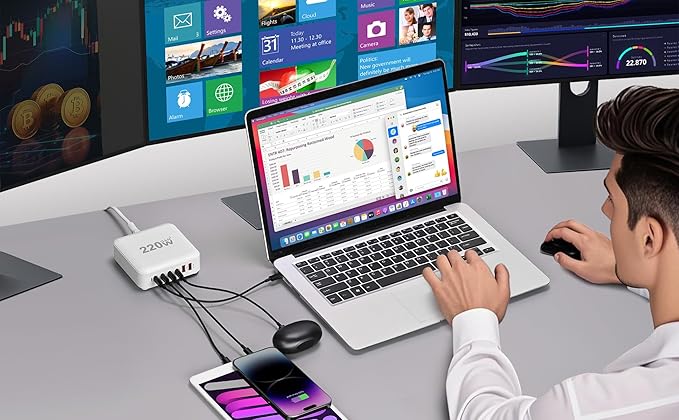 220W USB C Charger Block GaN III USB Desktop Charging Station 6 Ports QC4.0 Fast Charging Station Hub+PD 100W Type C Laptop Charger Adapter Compatible with MacBook Pro Laptop Tablet and Phone