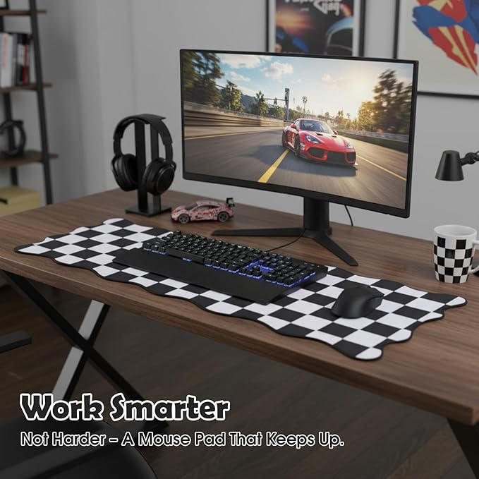 1 Pcs Black Scalloped Checkered Desk Mat 31.5 x 11.8 Inch Large Cute Mouse Pad Computer Mat Non Slip Waterproof Rubber Base with Border Stitching Soft Keyboard Pad for Home Office Gaming Makeup