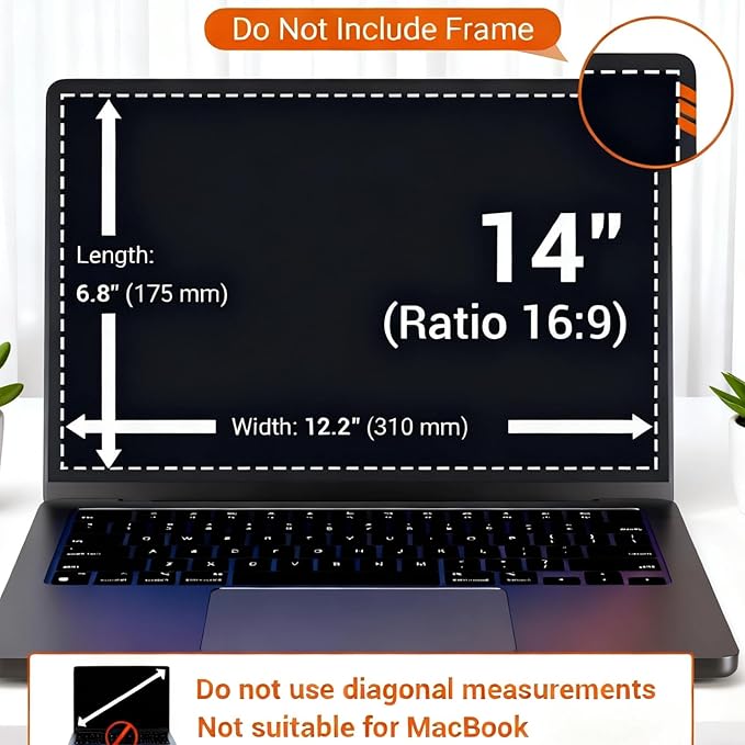 Magnetic Laptop Privacy Screen 14 Inch 16:9, Removable Laptop Privacy Shield Filter Screen Protector Anti Blue Light Glare Anti Spy Compatible with Chromebook HP Pavilion Lenovo Thinkpad Dell Asus