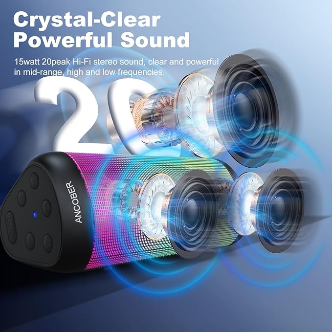 Portable Wireless Bluetooth Speaker with HD Powerful Stereo Sound, 8 Cool LED Light Modes, IPX4 Waterproof, 30H Playtime, TWS Pairing, BT5.3 with AUX-in, for Outdoor/Home/Party, Ideal Gift
