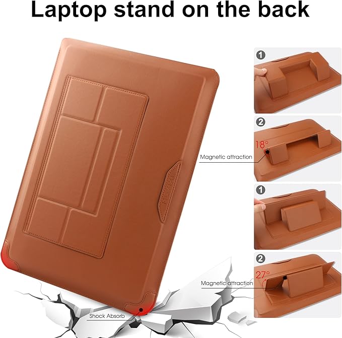 HoYiXi 14 Inch Laptop Sleeve Case Leather Bag with Stand Compatible with Mac Book Pro 14 2021/ASUS Vivobook 14/HP Pavilion X360/IdeaPad 14/Dell HP ASUS Acer Huawei Matebook 14'' PC, Brown
