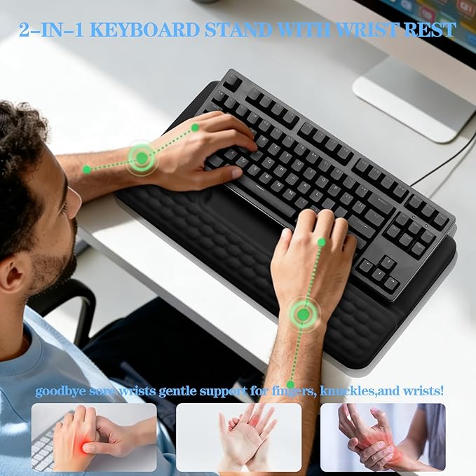 Ergonomic Keyboard Stand with Wrist Rest, Computer Wrist Support Pad, Tilted Keyboard Riser Holder Lift Tray with Wrist Pad, Easy Typing, Comfy Soft Memory Foam Desk Cushion for Office (03- Black)