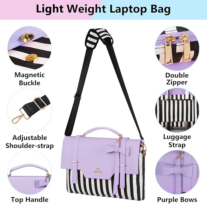 MATEIN 17 inch laptop bag for women, Large Computer Sleeve Case Briefcase with RFID Pocket & Bow, Cute Lightweight Messenger Carrying Shoulder Tote Office Bag for Nurse Teacher College Work, Purple