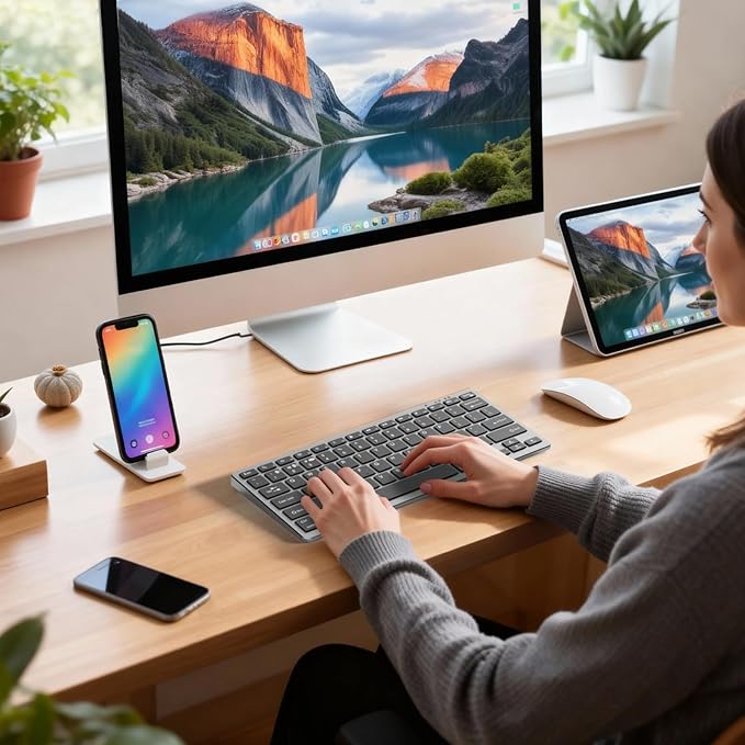 kenke Wireless Keyboard, 2.4GHz / Bluetooth 1.0/2.0 Wireless Keyboard, Low Profile & Lightweight, 78 Key, Fluid Precise Quiet Typing, Supports Bluetooth Connection, USB Rechargeable, Silvery Black