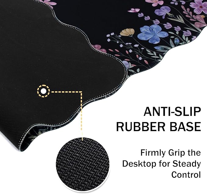 L-SPOUTTO Floral Mouse Pad,Botanical Desk Mat XXL Large Scalloped Black Gaming Mousepad,35.4x15.7in Non-Slip Rubber Base Keyboard Pad Waterproof Desktop Mat for Laptop Computer Game Home Office-Flower