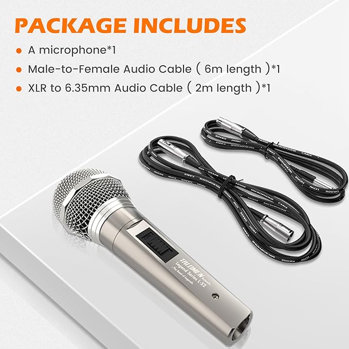 Wired Microphone for Singing, Metal Female, ON/Off Switch, Professional Vocal Dynamic Mic with 20ft & 6.5ft XLR Audio Cable, Cardioid Studio Microfono for Podcasting and Recording, Gold-L52