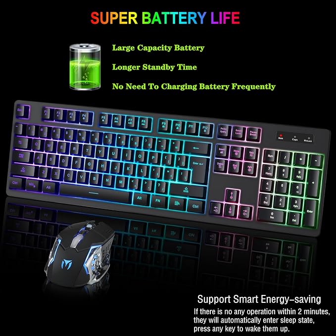 Wireless RGB Gaming Keyboard and Mouse - Rechargeable RGB Backlit,Long Battery Life,Mechanical Feel,7 Color Gaming Mouse for PC Game and Work