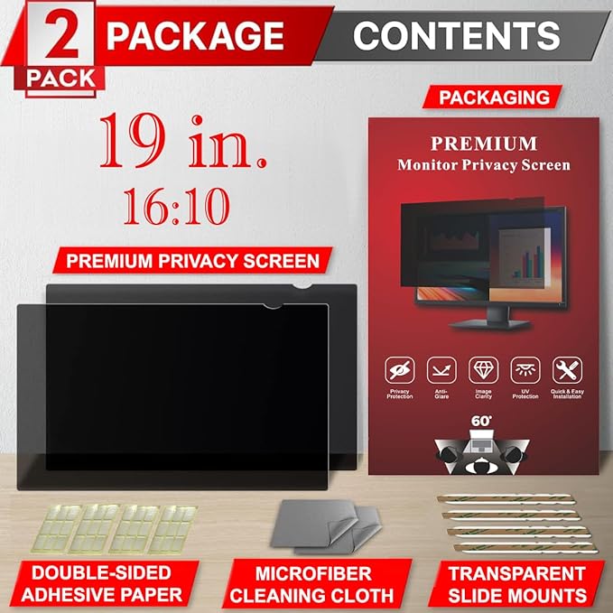 [2 Pack] 19 Inch Privacy Screen Filter for Widescreen 16:10 Monitor | Privacy Shield | Anti-Glare | Anti-Blue light | Eye Protection | Anti-SPY | Computer Security Private Filter Protector