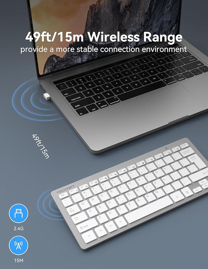 TECKNET 2.4G Wireless Keyboard, Ultra Slim Compact Computer Keyboard with Media Hotkeys, Silent Small USB Keyboard for Laptop PC Desktop Smart TV Notebook Chromebook-Silver