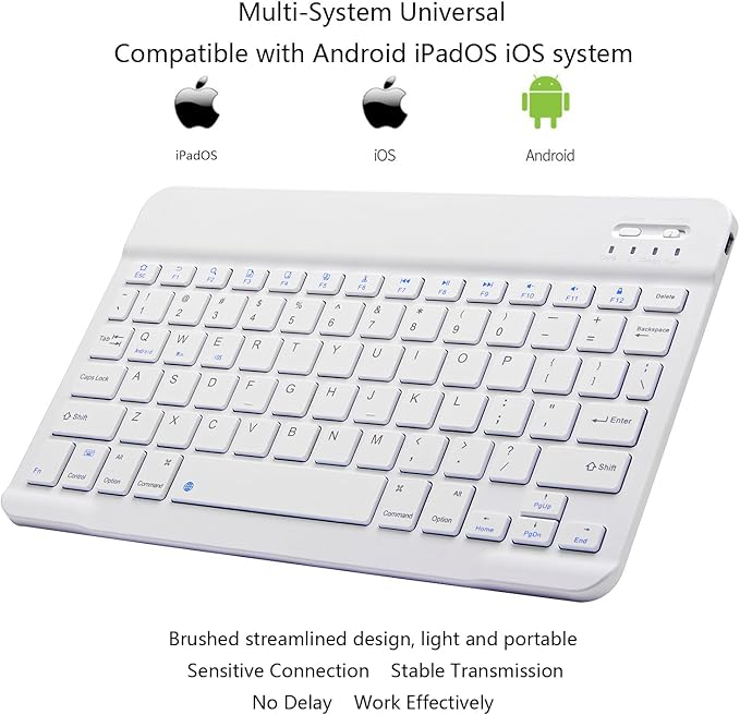 Ultra-Slim Bluetooth Keyboard Portable Mini Wireless Keyboard Rechargeable for Apple iPad iPhone Samsung Tablet Phone Smartphone iPadOS iOS Android (10 inch White)