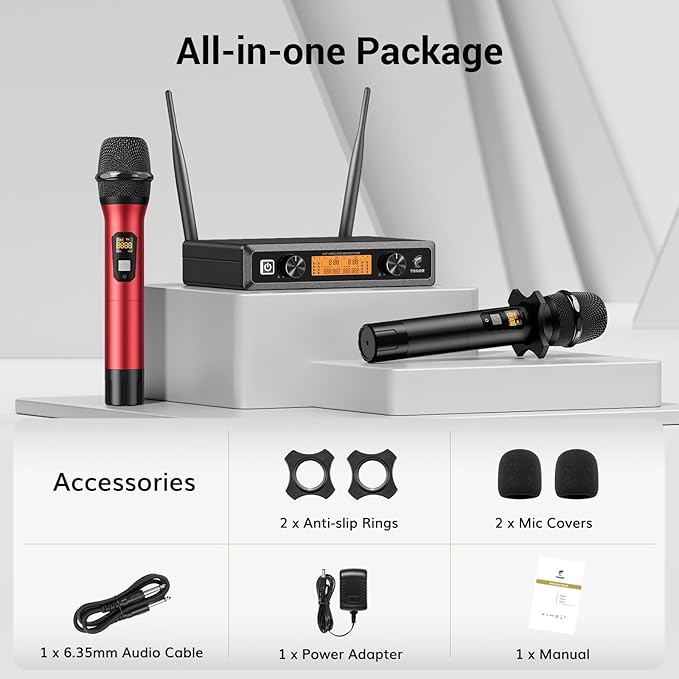 TONOR Wireless Microphones System, 2*15 Channel Metal Professional UHF Cordless Dynamic Handheld Mics with Receiver for Home Karaoke, Meeting, Party, Church, DJ, Wedding, KTV, 200ft, TW-820 Black&Red