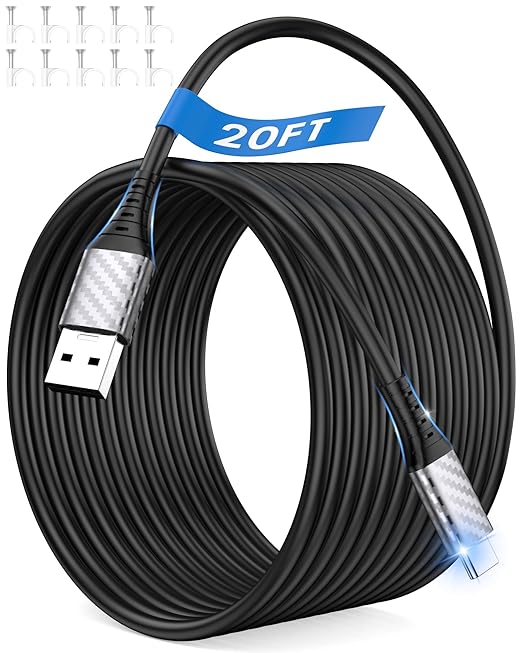 20ft Long USB A to USB C Cable Heavy-Duty for 10W 12W 18W 20W USBA Charger Block for Tapo/TP-Link for Xiaomi/Mi for eufy Security Camera Power Bank Cord Type C USB2.0 Data Transfer Charging Wire Black