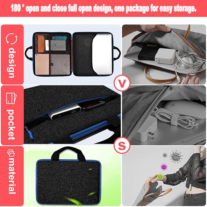 Hseok Laptop Case 13.3-14 inch Sleeve, TSA Computer Handbag Water-Resistant and Shockproof Bag Compatible with MacBook Pro/Neo 14", Mac Air/Pro 13.3" and 13"-14" Notebooks Chromebooks,Black-Blue