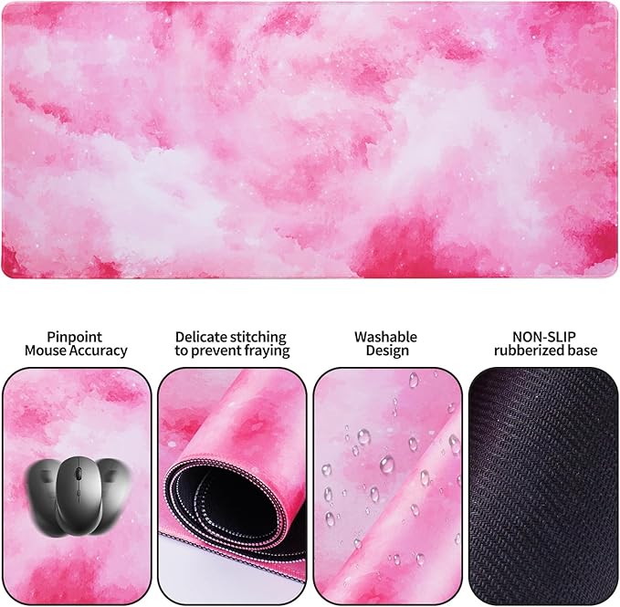 Bloss Clouds Mouse Pad and Keyboard Wrist Rest, 4-in-1 Desk Mat, Cute Desk Pad Easy Typing & Pain Relief, Desk Decor for Women Girls-Pink Clouds(35.4 x 15.7 Inches)