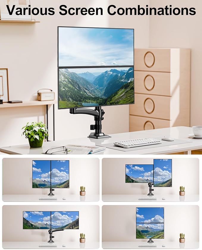 Dual Monitor Stand for 2 Screens up to 32 inch, Vertical Stacked Dual Monitor Mount, Full Motion Adjustable Tall Double Monitor Desk Mount, Each Arm Holds 4.4-22lbs, VESA 75/100mm, Black, Freelift