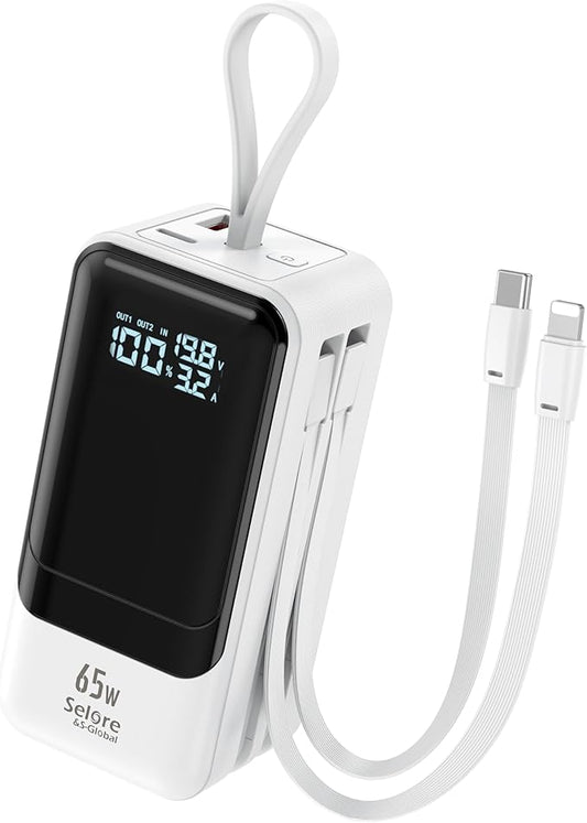 Fast Charging Power Bank 18400mAh 65W Portable Laptop Charger, LCD Display, Travel Essential Battery Pack with Built-in USB-C & Lightning Cables for iPhone 16/15/14/13/12 MacBook Samsung