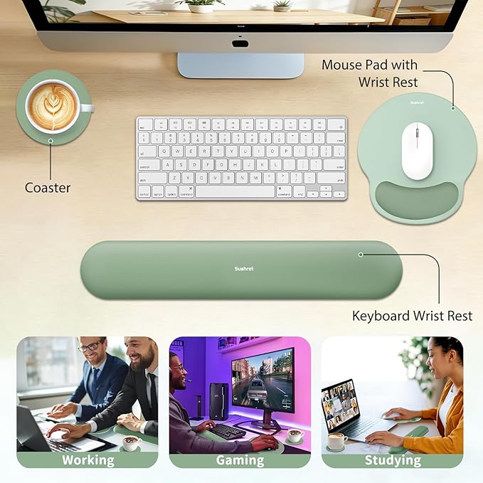 Sushret Mouse Pad and Keyboard Wrist Rest, 3-in-1 Gel Memory Foam Ergonomic Mouse Pad with Wrist Rest Set,Gaming Mousepad Arm Cushion Support for Computer Office Desk Accessories Cute Setup,Sage Green